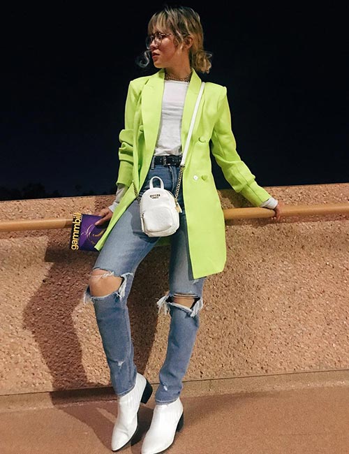 Distressed Jeans And Neon Trench Coat