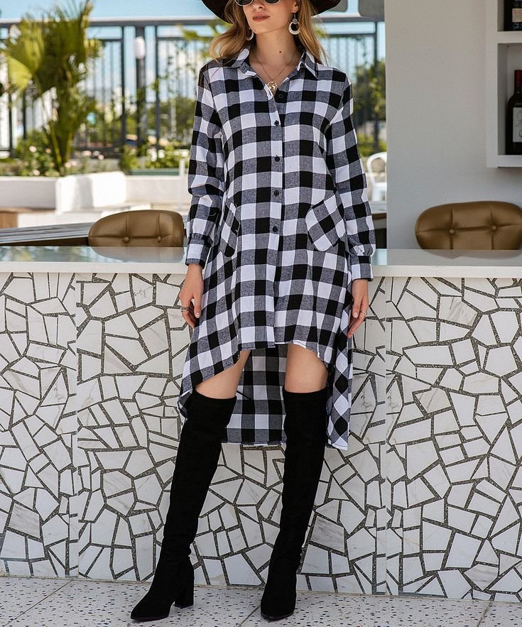 White And Black High-Low Plaid Dress