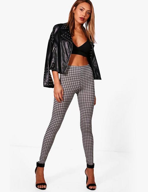 Checkered Jersey Leggings And Leather Jacket